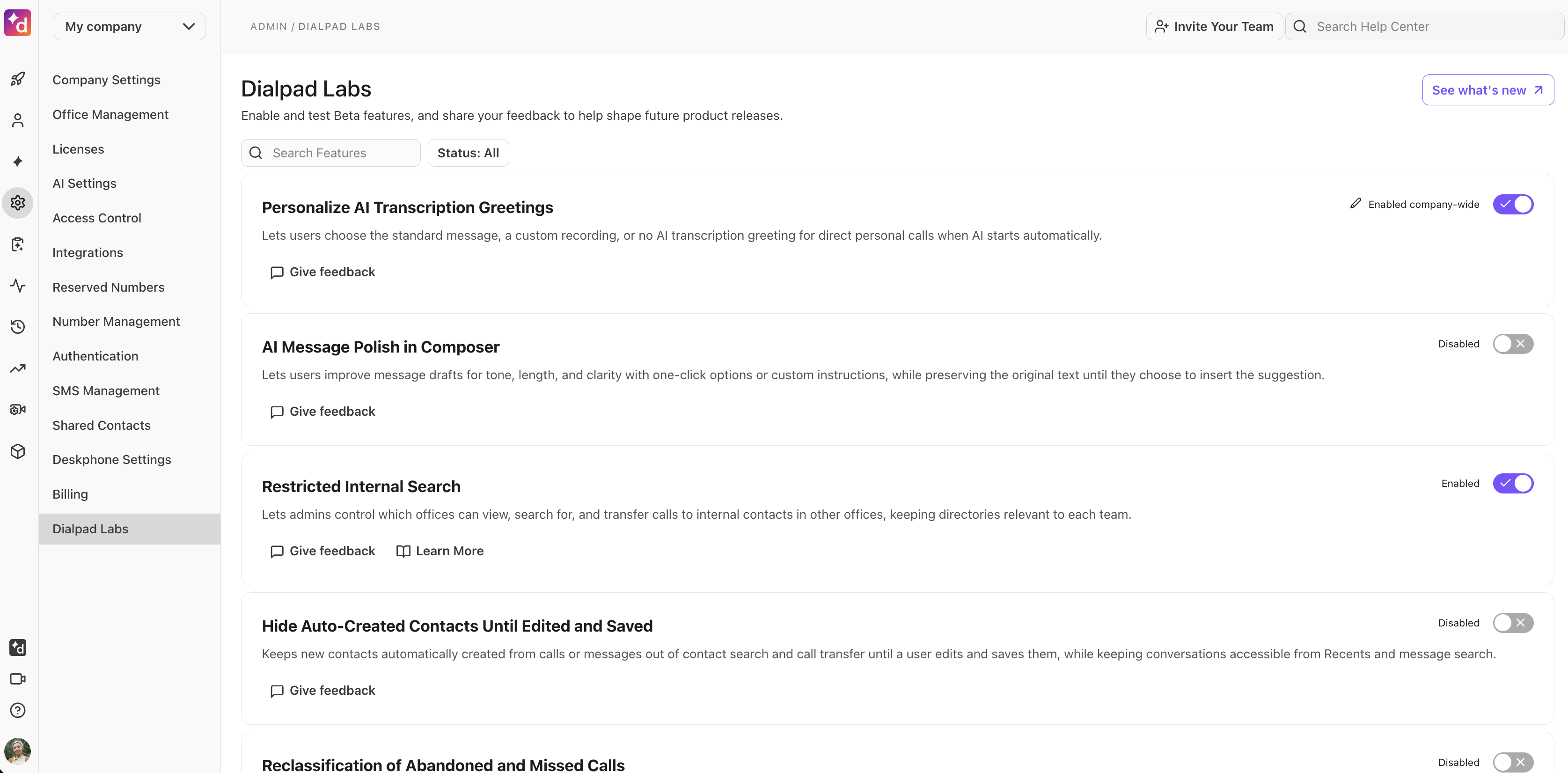 Dialpad Labs interface showcasing various AI features and settings for user feedback.